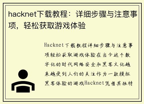 hacknet下载教程：详细步骤与注意事项，轻松获取游戏体验